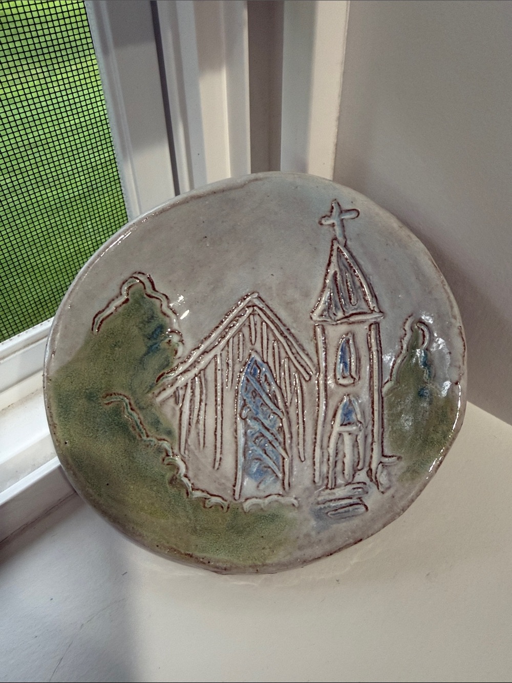Handmade Studio Pottery Church Trinket Dish Blue Green Glaze Rustic Folk Art